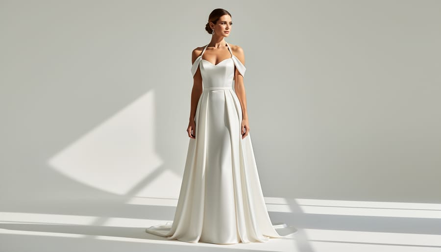 Satin bridal gown with detachable straps on a mannequin in a softly lit dressing room