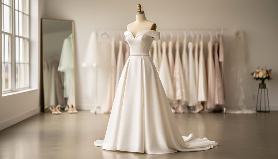 Modern satin bridal dress on a dress form with convertible sleeves and a softly draped skirt in a bright bridal studio setting.