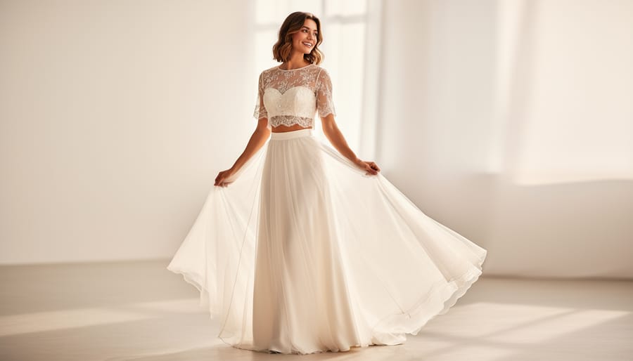 Mix-and-match two-piece whimsical wedding outfit with lace top and flowing skirt on a mannequin