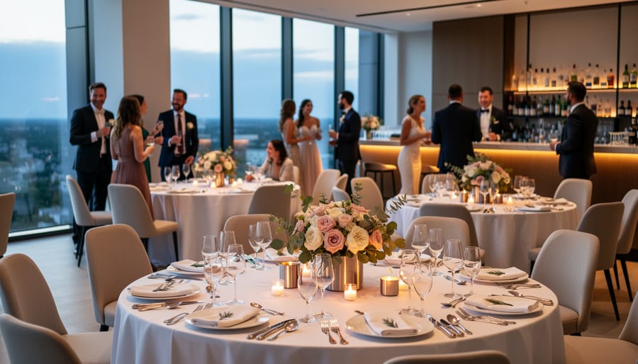 Bride in a sleek modern wedding gown holding a shawl in a softly lit reception hall