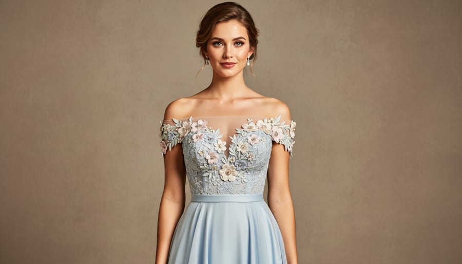Bride wearing an off-shoulder wedding dress with floral appliqués in a garden setting
