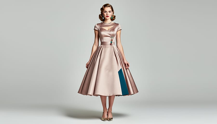 Tea-length whimsical wedding dress with unexpected embellishments on a vintage dress form