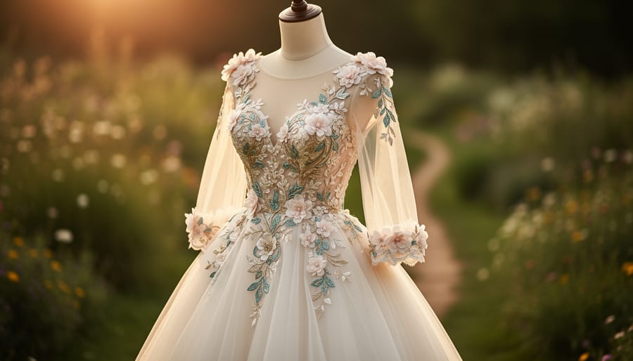 Close-up of a mannequin wearing an ethereal ivory tulle wedding dress with colorful embroidery, floral appliqués, and sheer illusion sleeves in a dreamy garden setting.