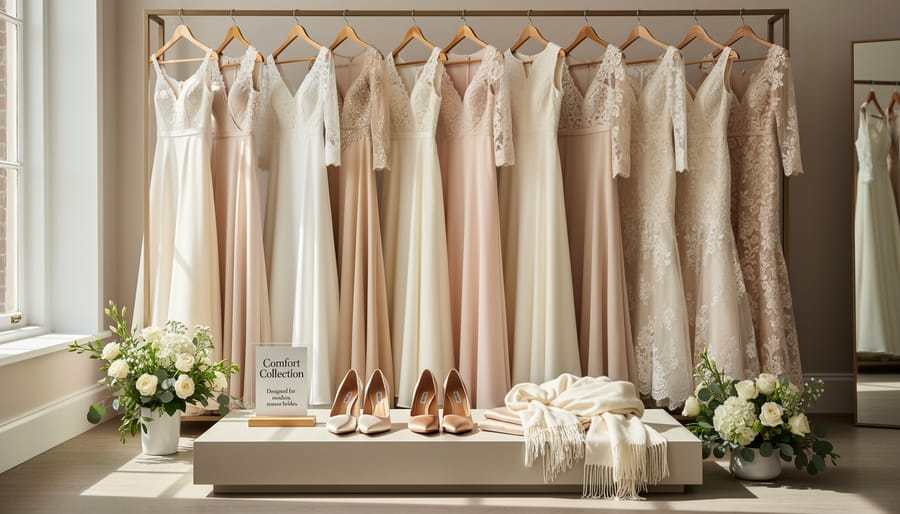 An A-line wedding dress on a dress form with tailored accessories and comfortable shoes in a boutique setting.