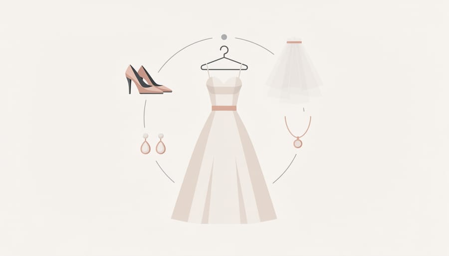 Wedding accessories including bridal shoes and veil laid out neatly on white satin fabric