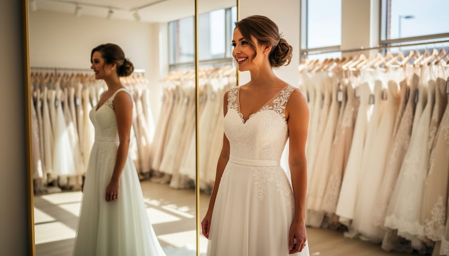 Bride-to-be trying on a satin A-line wedding dress in a bright bridal boutique fitting room