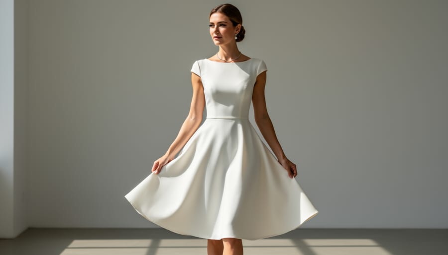 Bride wearing a cap-sleeve fit-and-flare wedding dress with minimal embellishment