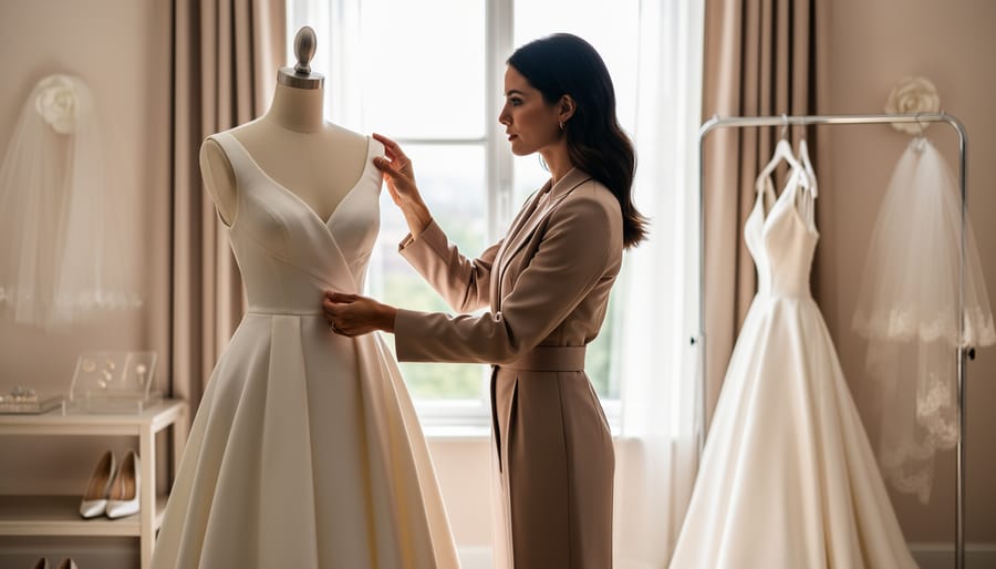 Bride trying on an elegant wedding dress in a bright fitting room, with additional gowns on a rack in the softly blurred background.