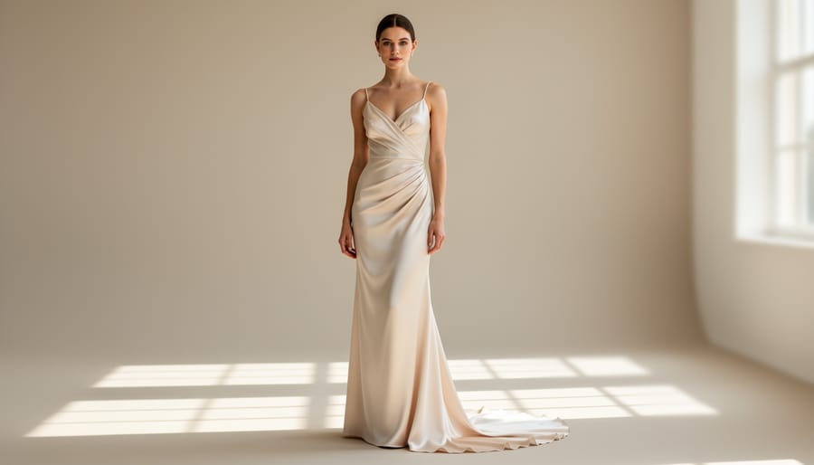 Bride wearing a classic satin slip wedding dress with a smooth bias-cut drape and minimal neckline details
