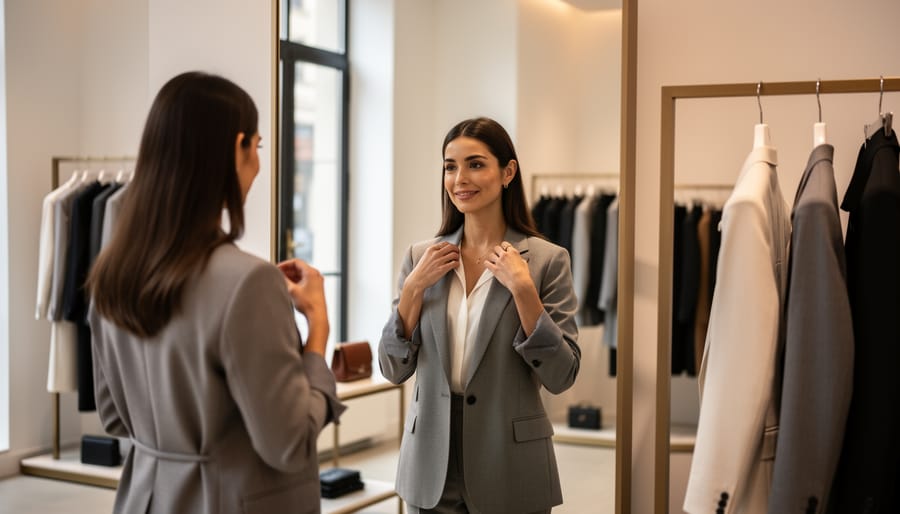 Confident person adjusting a fitted blazer in a sunlit boutique dressing room mirror