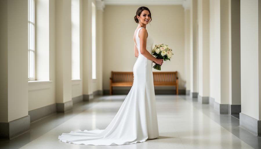 Close view of a wedding gown with a short court train being gently adjusted