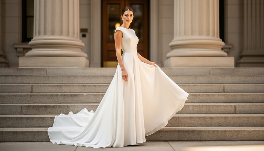 Bride wearing a court wedding dress with a short court train in front of courthouse steps under soft natural light.