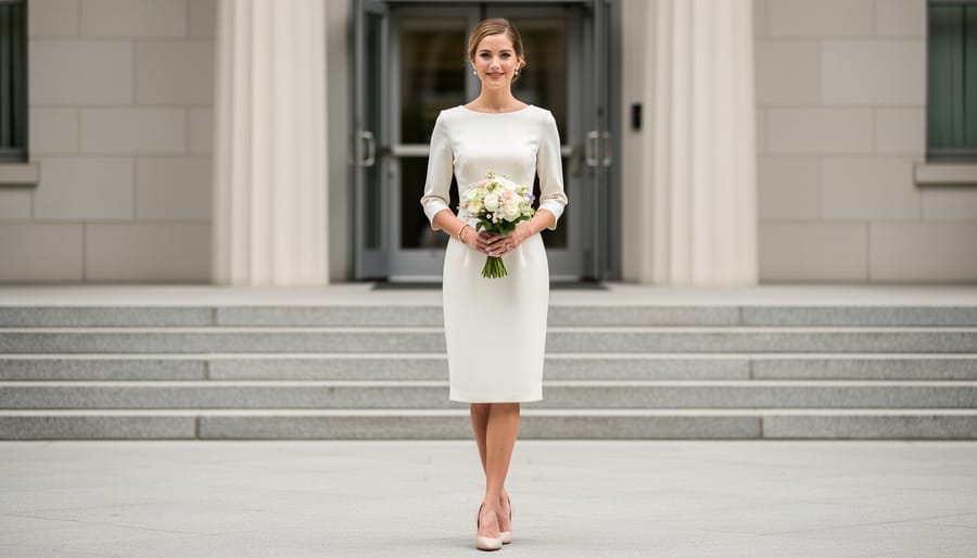 Bride presenting a tea-length satin courthouse wedding dress near a courthouse entrance