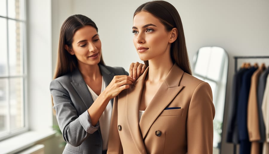 A stylist and woman client in a modern fitting studio, with the stylist adjusting a tailored blazer to help the client feel confident in her personal style.