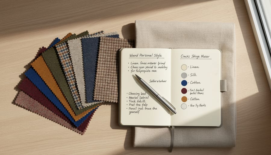 Person arranging fabric swatches and writing notes beside a measuring tape on a desk