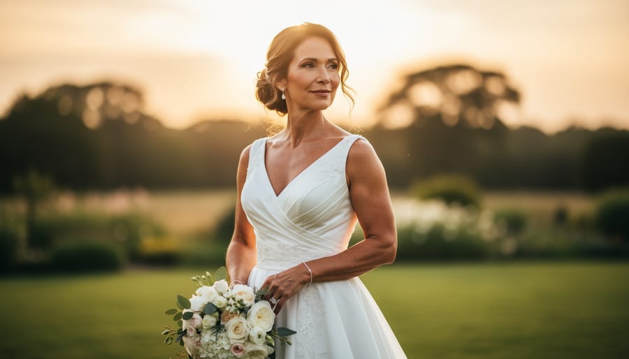 An older bride in a sheath wedding dress outdoors at golden hour, lifting her dress slightly as she and her partner stand together.