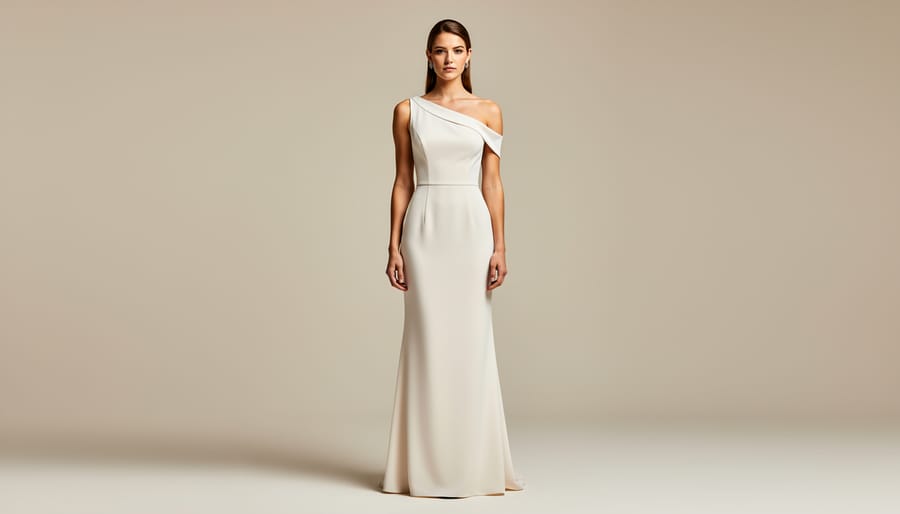 Bride wearing a minimalist off-shoulder wedding gown with structured neckline