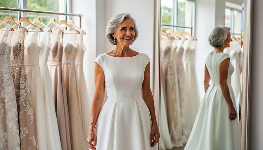 An older bride in a fitting room smiling while holding a lace wedding dress hanger.