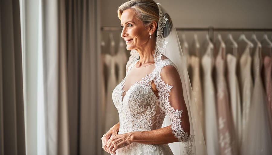Mature bride trying on an elegant lace wedding gown in a boutique fitting room in front of a mirror.