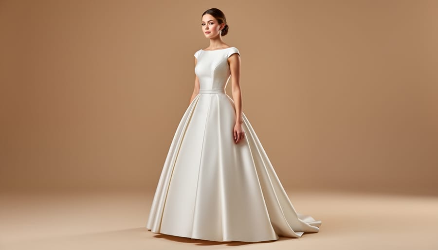 Bride wearing a refined mikado ball gown with a structured, minimal design