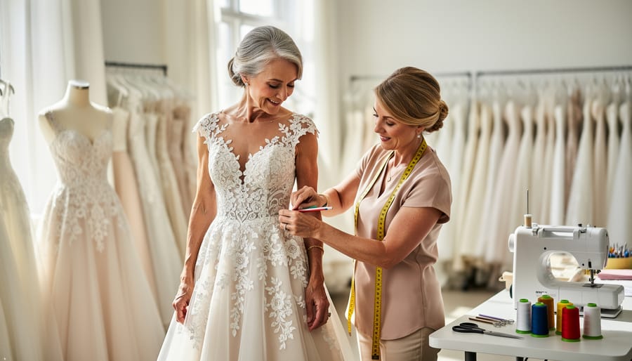 A seamstress pinning a wedding dress on a mannequin in a workshop while an elegant shawl rests nearby.