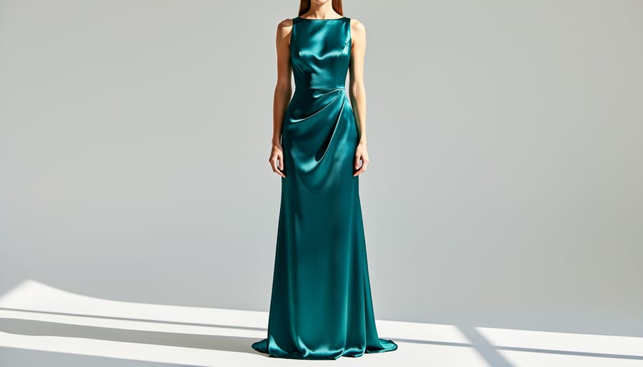 Bride wearing a silk charmeuse column wedding gown with minimal seaming