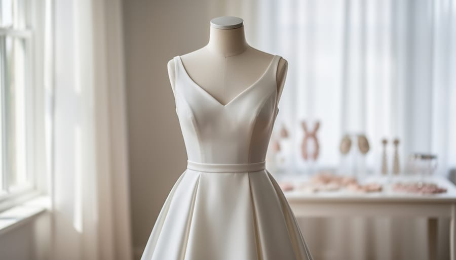 Simple elegant ivory satin wedding dress displayed on a minimalist white mannequin in soft natural window light.