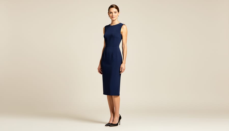 Bride wearing a tailored crepe sheath wedding dress with a matte finish and clean, minimal design