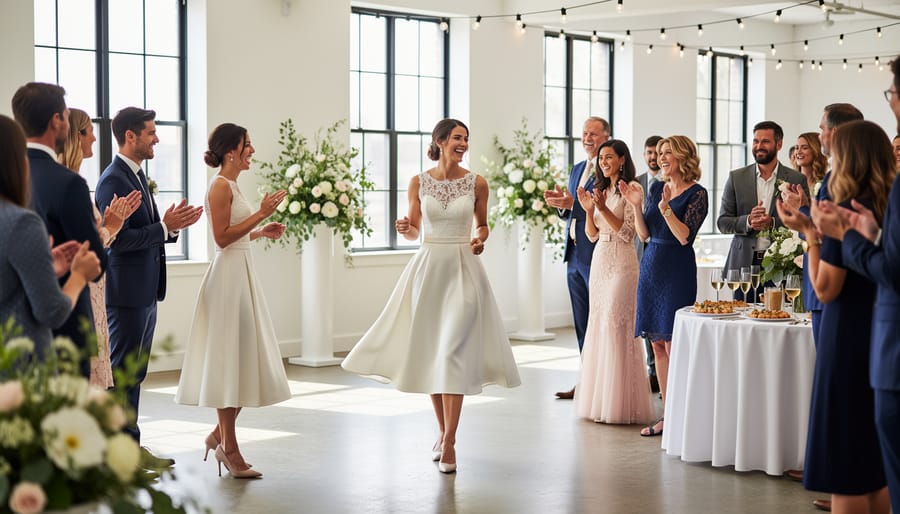Bride wearing a versatile court wedding dress in a courthouse corridor with golden sunlight