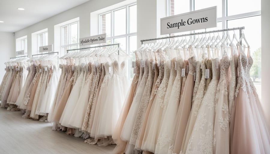 Assorted wedding dress samples displayed on racks in a bridal sale backroom